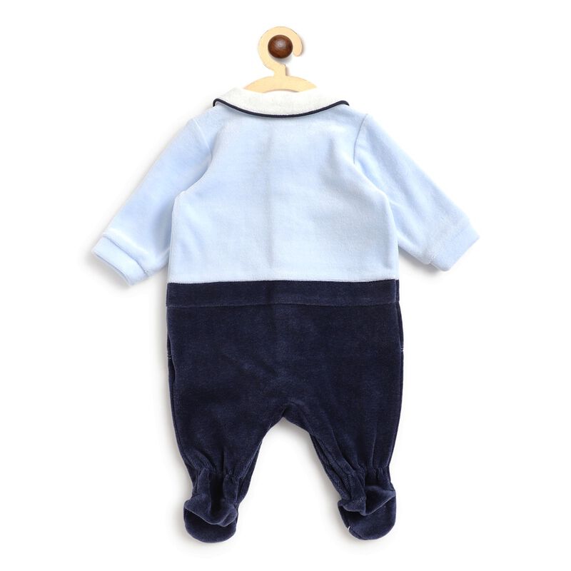 Boys Light Blue Velour Front Opening Babysuit image number null